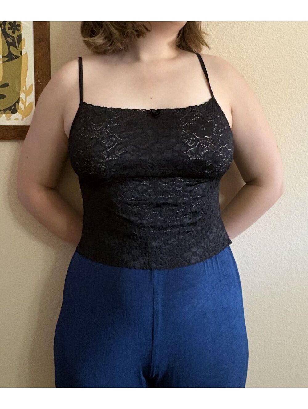 Black Floral Lace Stretchy Cami Tank Top Large